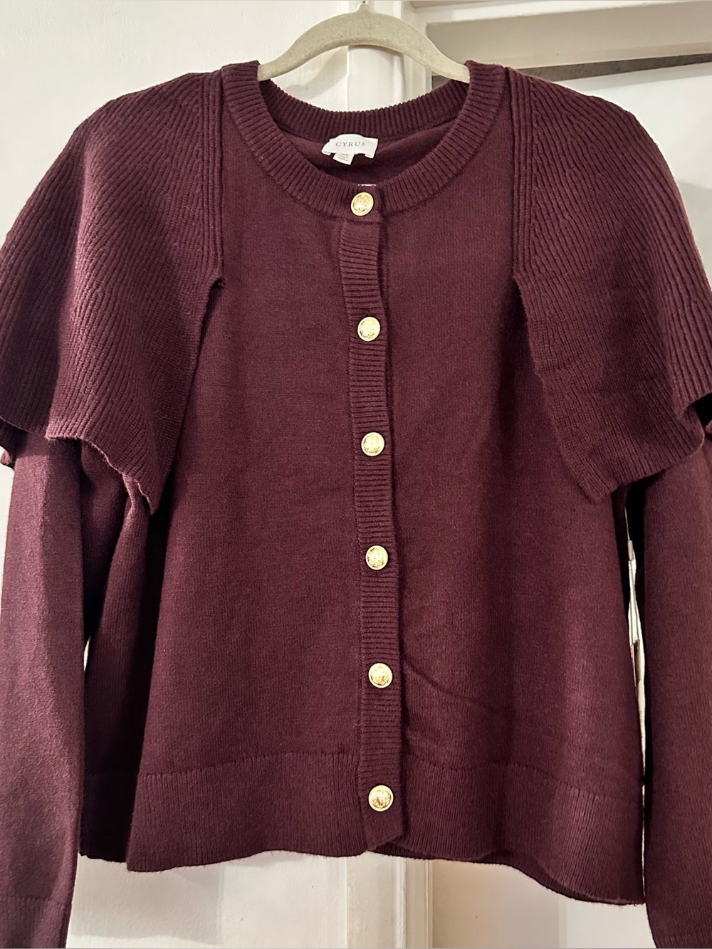 Cyrus Plum Button-Front Cardigan with Layered Shoulders